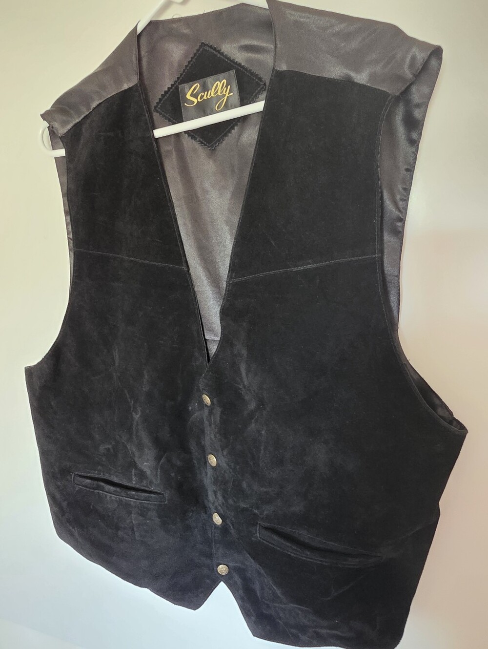 Scully Mens Black Suede Leather Western Vest XXL Star Buttons Satin Back Cinch